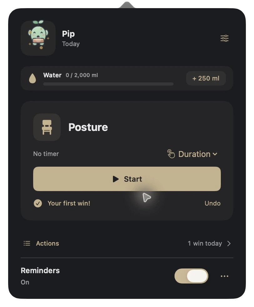 Wimlet showing water tracking, a posture action and a first-win celebration